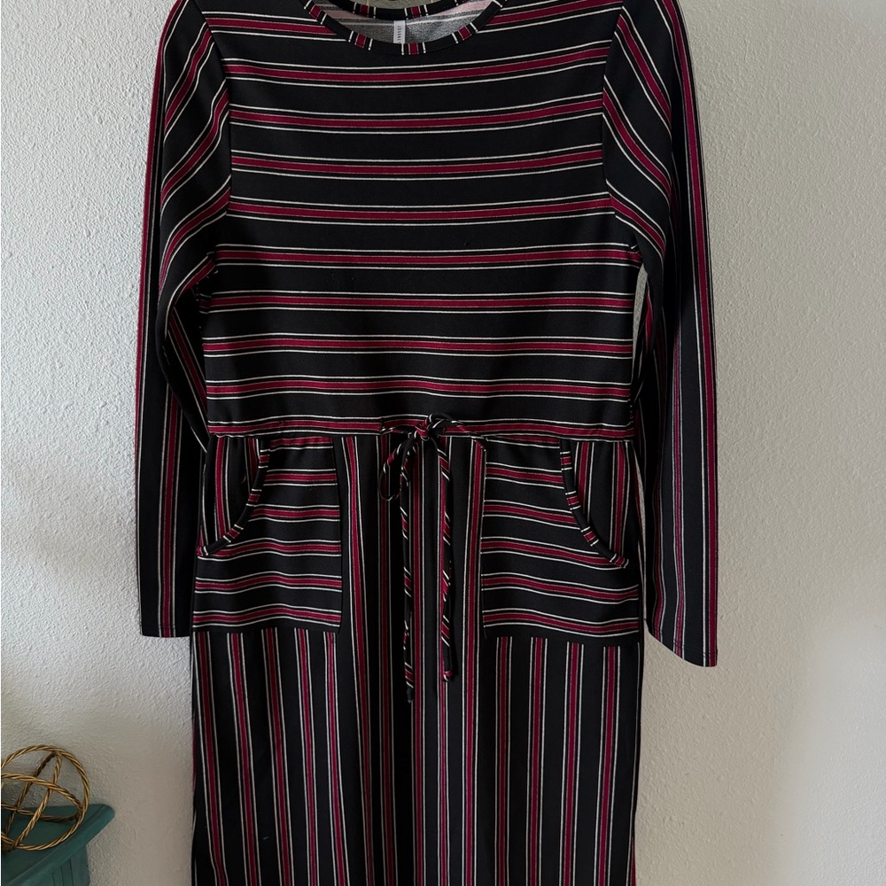 Long Sleeve Drawstring Waist Dress in Bold Black and Maroon Stripes